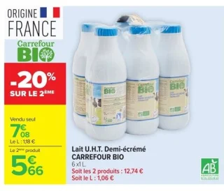 Lait U.H.T. Demi-écrémé Carrefour Bio 6x1 L