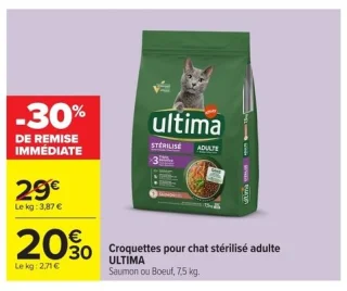 Croquettes pour chat stérilisé adulte ULTIMA Saumon ou Boeuf
