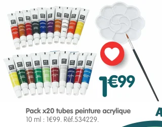 Pack x20 tubes peinture acrylique 10 ml avec palette et pinceau Art Attic
