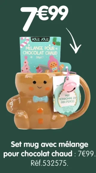 Set mug bonhomme en pain d'épices avec mélange pour chocolat chaud Holly Jolly
