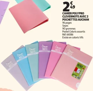 Cahier polypro Clevernote avec 2 pochettes Auchan