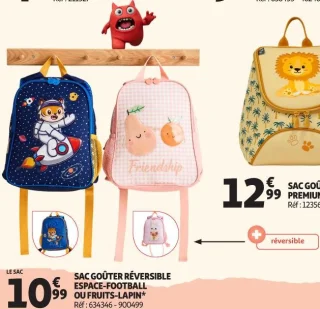 Auchan SAC GOÛTER RÉVERSIBLE ESPACE-FOOTBALL OU FRUITS-LAPIN*